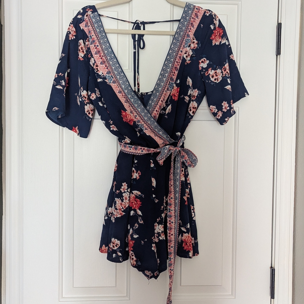 Francesca's Floral Wrap Romper - Navy and Pink